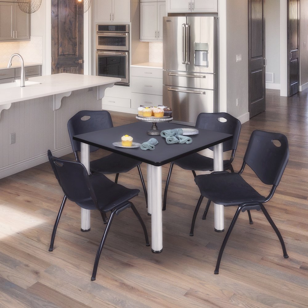 42 in Square Breakroom Table- Grey Top, Chrome Legs, 4 M Stack Chairs- Black
