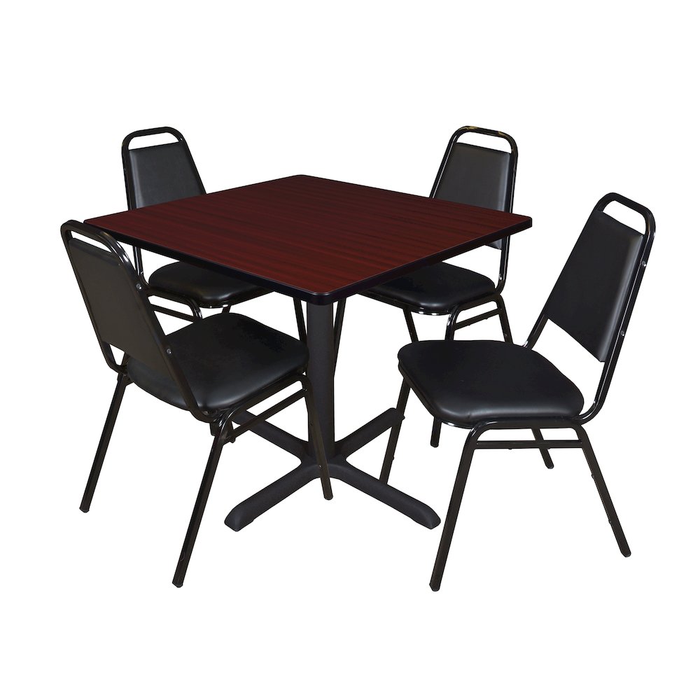 42 Square X-Base Breakroom Table- Mahogany & 4 Restaurant Stack Chairs- Black