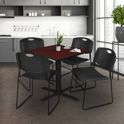 42 in. Square X-Base Breakroom Table- Mahogany & 4 Zeng Stack Chairs- Black
