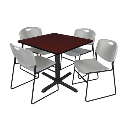 42 in. Square X-Base Breakroom Table- Mahogany & 4 Zeng Stack Chairs- Grey