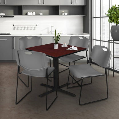 42 in. Square X-Base Breakroom Table- Mahogany & 4 Zeng Stack Chairs- Grey