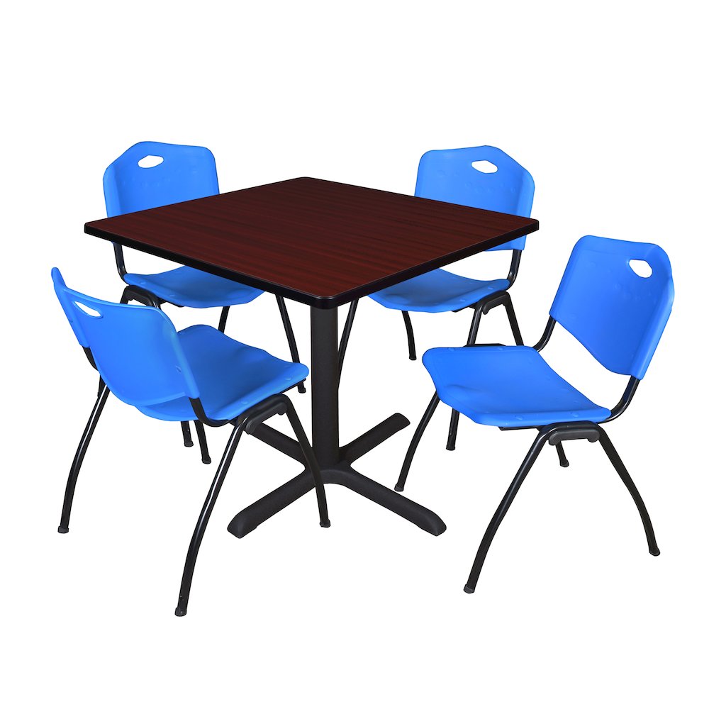 42 in. Square X-Base Breakroom Table- Mahogany & 4 M Stack Chairs- Blue