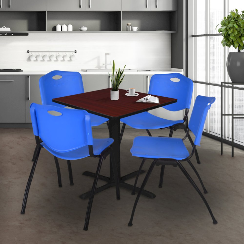 42 in. Square X-Base Breakroom Table- Mahogany & 4 M Stack Chairs- Blue
