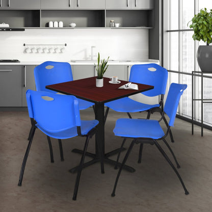 42 in. Square X-Base Breakroom Table- Mahogany & 4 M Stack Chairs- Blue