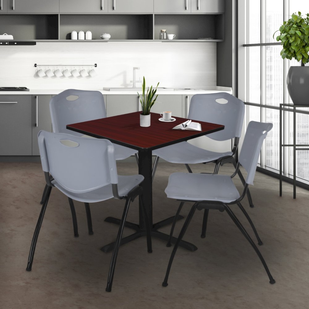 42 in. Square X-Base Breakroom Table- Mahogany & 4 M Stack Chairs- Grey