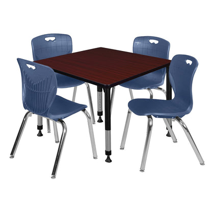 42 Square Adjustable Classroom Table- Mahogany & 4 Andy 18 Stack Chairs- Blue