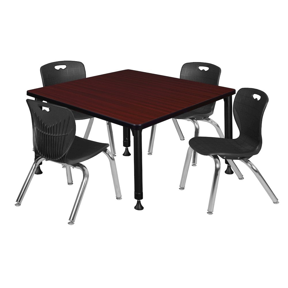 42 Square Adjustable Classroom Table- Mahogany & 4 Andy 12 Stack Chairs- Black