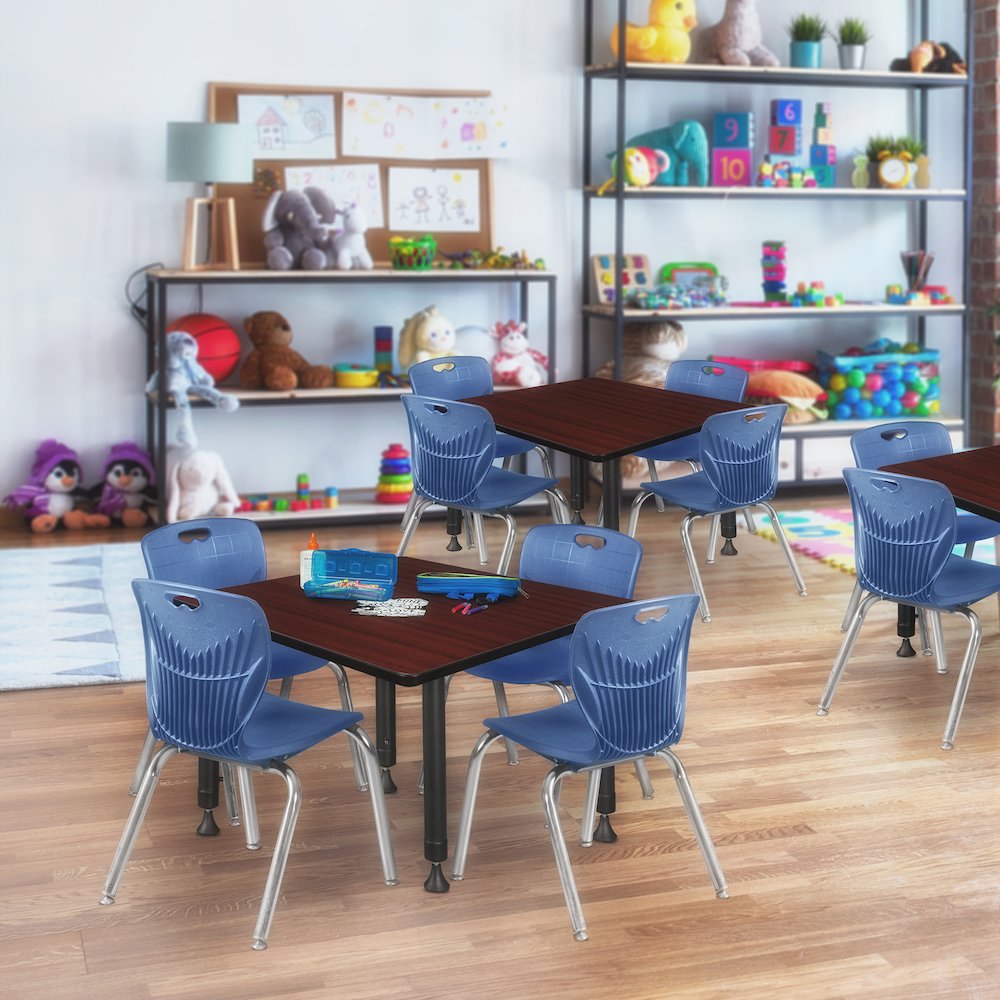 42 Square Adjustable Classroom Table- Mahogany & 4 Andy 12 Stack Chairs- Blue