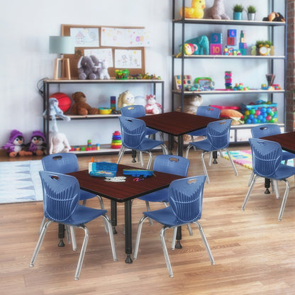 42 Square Adjustable Classroom Table- Mahogany & 4 Andy 12 Stack Chairs- Blue