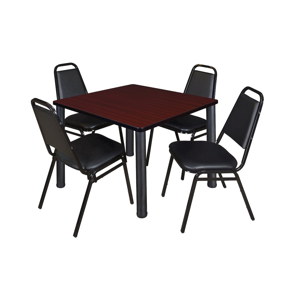 42 Square Breakroom Table- Mahogany Top, Black Legs, 4 Restaurant Stack Chairs