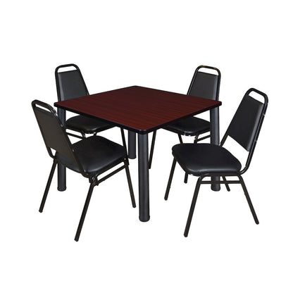 42 Square Breakroom Table- Mahogany Top, Black Legs, 4 Restaurant Stack Chairs
