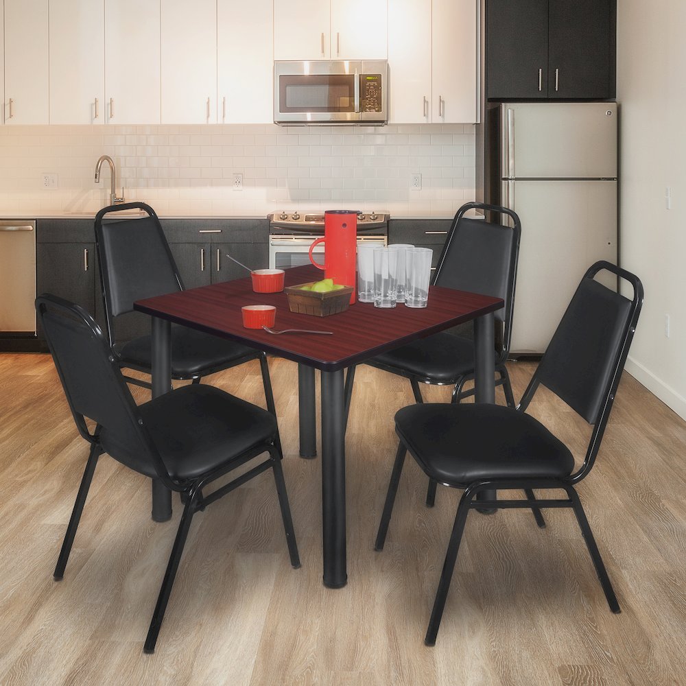 42 Square Breakroom Table- Mahogany Top, Black Legs, 4 Restaurant Stack Chairs