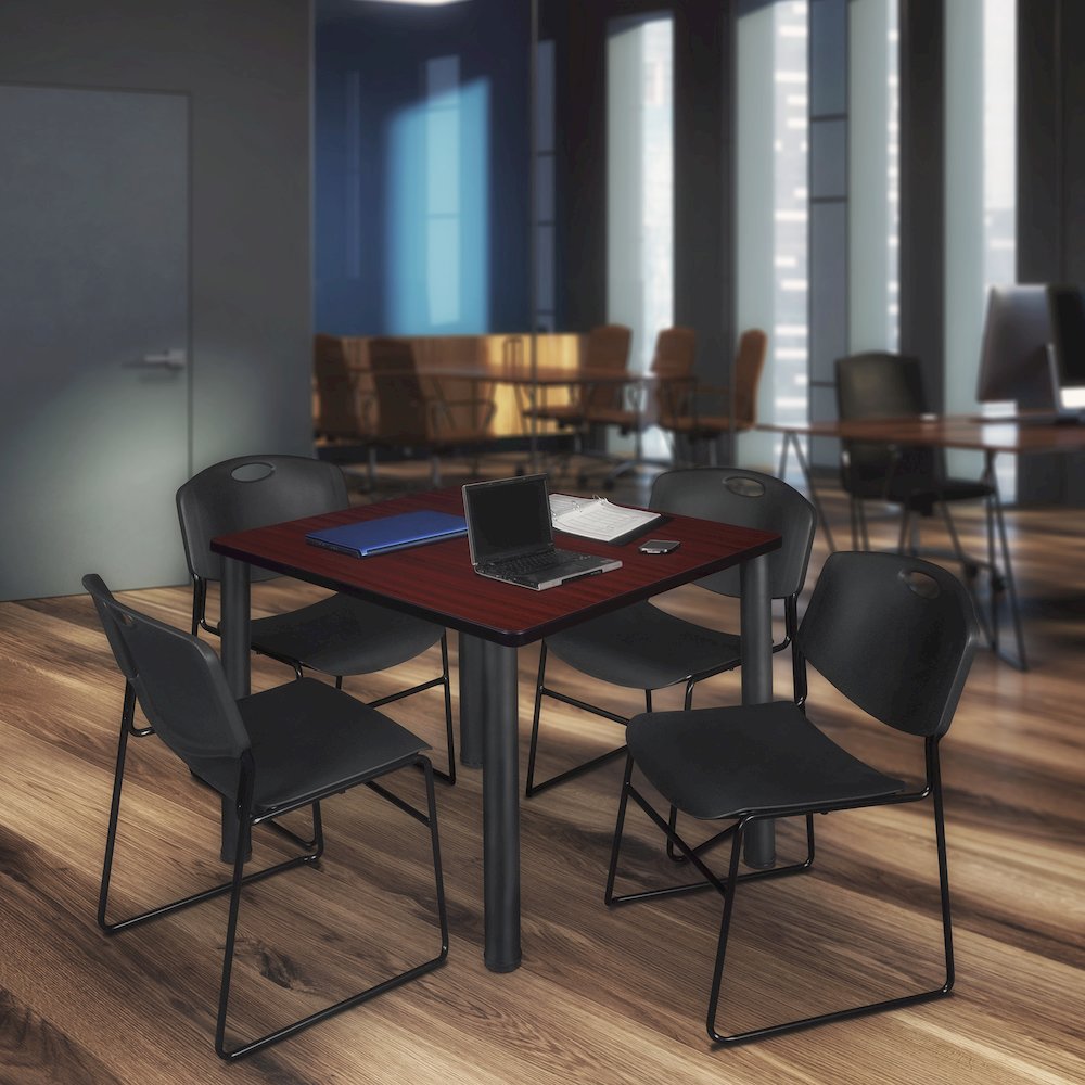42 Square Breakroom Table- Mahogany Top, Black Legs, 4 Zeng Stack Chairs- Black