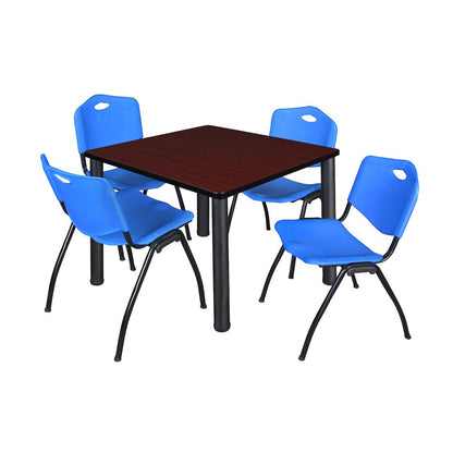 42 in Square Breakroom Table- Mahogany Top, Black Legs, 4 M Stack Chairs- Blue