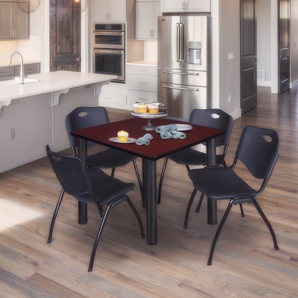 42 in Square Breakroom Table- Mahogany Top, Black Legs, 4 M Stack Chairs- Black