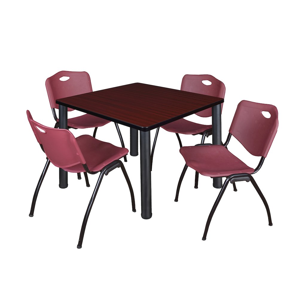 42 Square Breakroom Table- Mahogany Top, Black Legs, 4 M Stack Chairs- Burgundy
