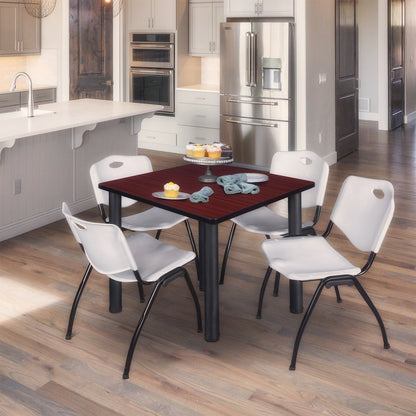 42 in Square Breakroom Table- Mahogany Top, Black Legs, 4 M Stack Chairs- Grey