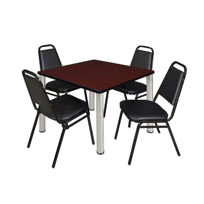 42 Square Breakroom Table- Mahogany Top, Chrome Legs, 4 Restaurant Stack Chairs