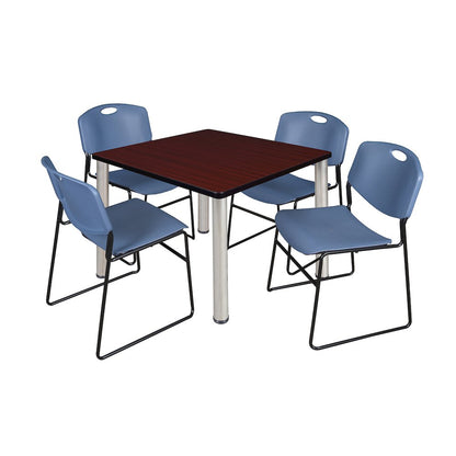 42 Square Breakroom Table- Mahogany Top, Chrome Legs, 4 Zeng Stack Chairs- Blue