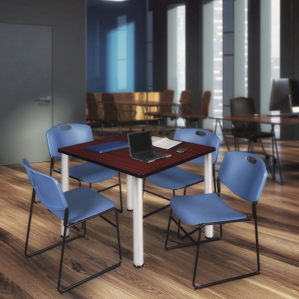 42 Square Breakroom Table- Mahogany Top, Chrome Legs, 4 Zeng Stack Chairs- Blue