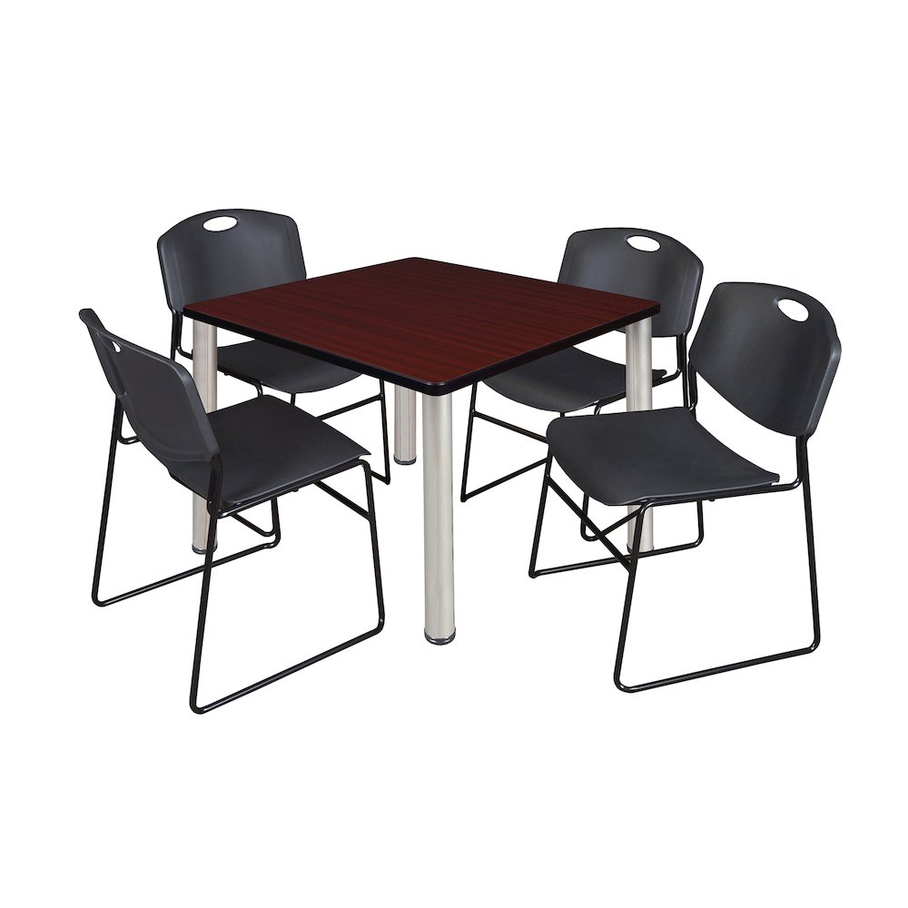 42 Square Breakroom Table- Mahogany Top, Chrome Legs, 4 Zeng Stack Chairs- Black