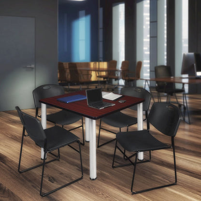42 Square Breakroom Table- Mahogany Top, Chrome Legs, 4 Zeng Stack Chairs- Black