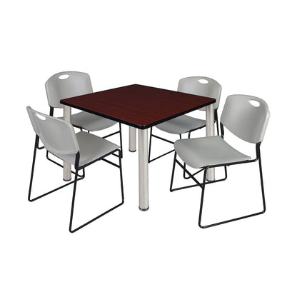 42 Square Breakroom Table- Mahogany Top, Chrome Legs, 4 Zeng Stack Chairs- Grey