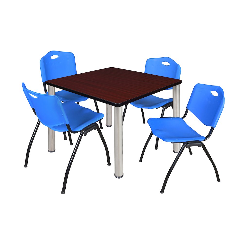 42 in Square Breakroom Table- Mahogany Top, Chrome Legs, 4 M Stack Chairs- Blue