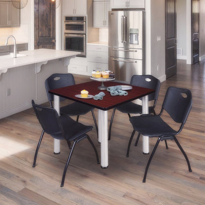 42 in Square Breakroom Table- Mahogany Top, Chrome Legs, 4 M Stack Chairs- Black