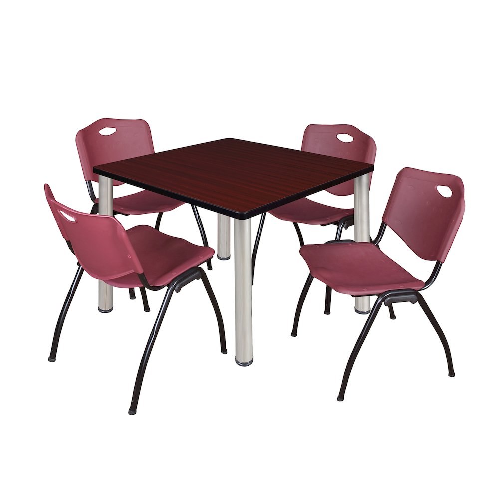 42 Square Breakroom Table- Mahogany Top, Chrome Legs, 4 M Stack Chairs- Burgundy