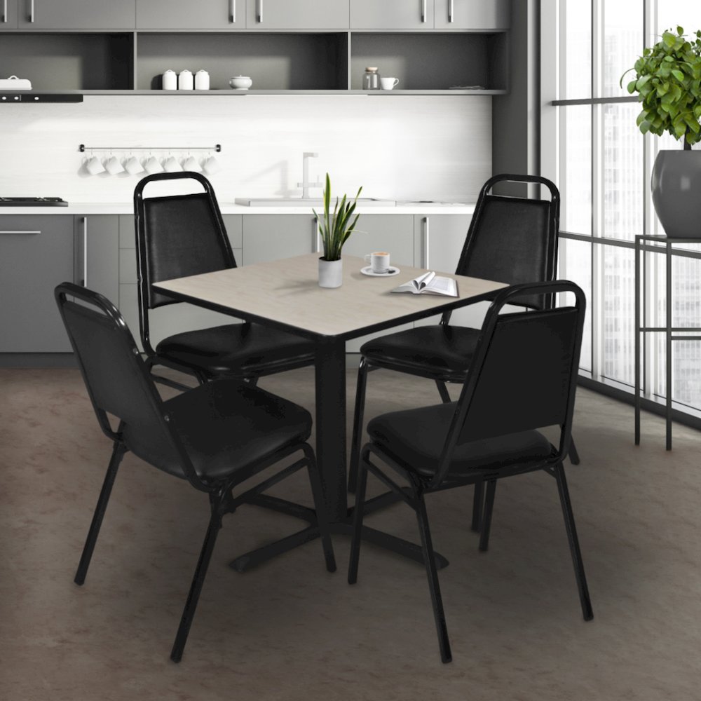 42 in. Square X-Base Breakroom Table- Maple & 4 Restaurant Stack Chairs- Black