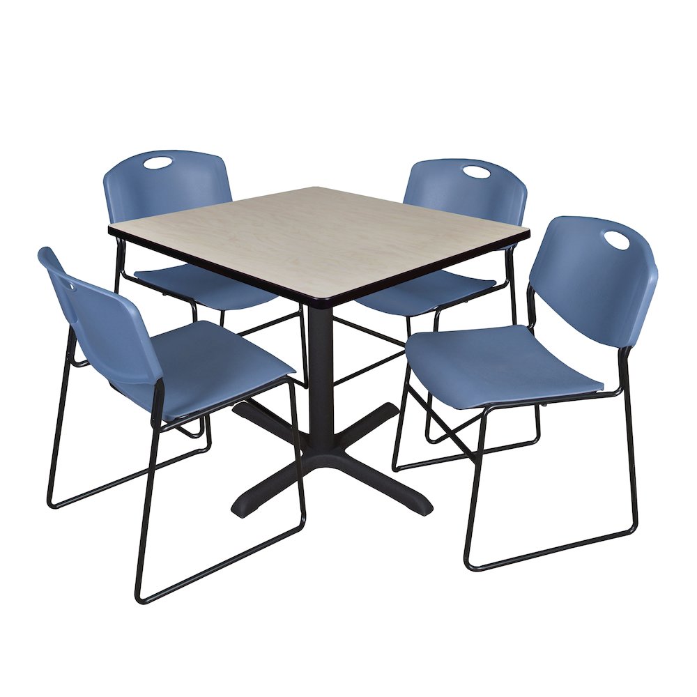 42 in. Square X-Base Breakroom Table- Maple & 4 Zeng Stack Chairs- Blue