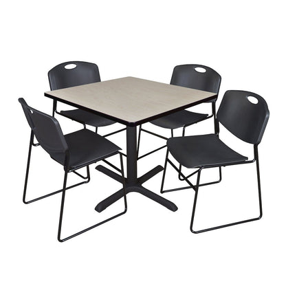 42 in. Square X-Base Breakroom Table- Maple & 4 Zeng Stack Chairs- Black