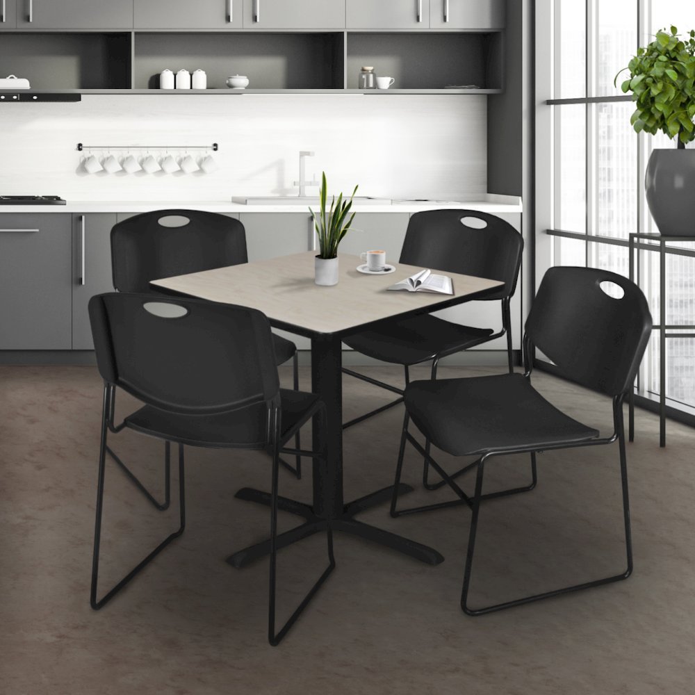 42 in. Square X-Base Breakroom Table- Maple & 4 Zeng Stack Chairs- Black