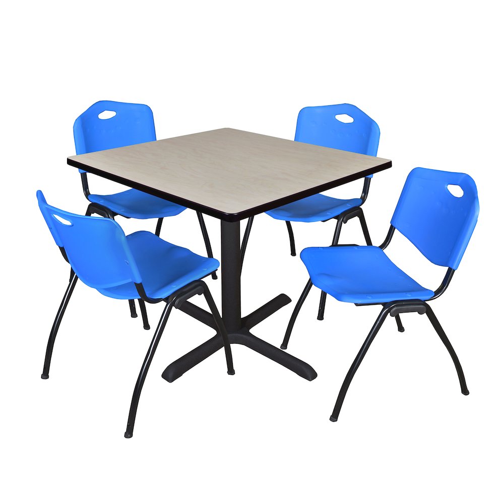 42 in. Square X-Base Breakroom Table- Maple & 4 M Stack Chairs- Blue