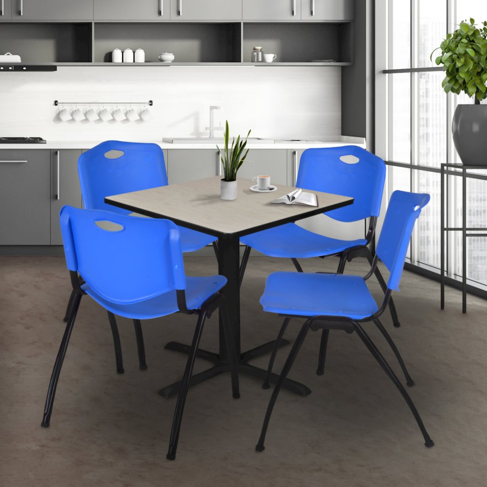 42 in. Square X-Base Breakroom Table- Maple & 4 M Stack Chairs- Blue