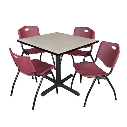 42 in. Square X-Base Breakroom Table- Maple & 4 M Stack Chairs- Burgundy