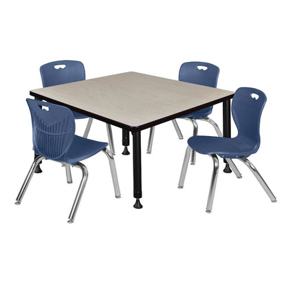 42 Square Adjustable Classroom Table- Maple & 4 Andy 12 Stack Chairs- Blue