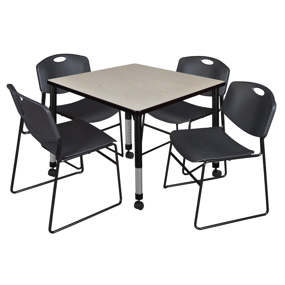 42 Square Mobile Adjustable Classroom Table- Maple & 4 Zeng Stack Chairs- Black