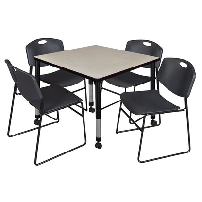 42 Square Mobile Adjustable Classroom Table- Maple & 4 Zeng Stack Chairs- Black