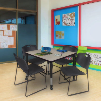 42 Square Mobile Adjustable Classroom Table- Maple & 4 Zeng Stack Chairs- Black