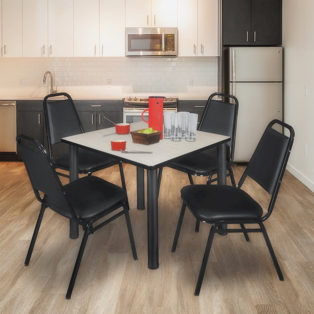 42 in Square Breakroom Table- Maple Top, Black Legs, 4 Restaurant Stack Chairs