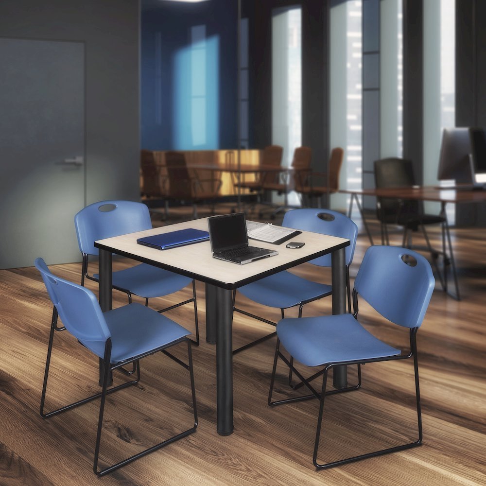 42 in Square Breakroom Table- Maple Top, Black Legs, 4 Zeng Stack Chairs- Blue