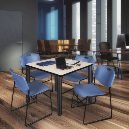 42 in Square Breakroom Table- Maple Top, Black Legs, 4 Zeng Stack Chairs- Blue