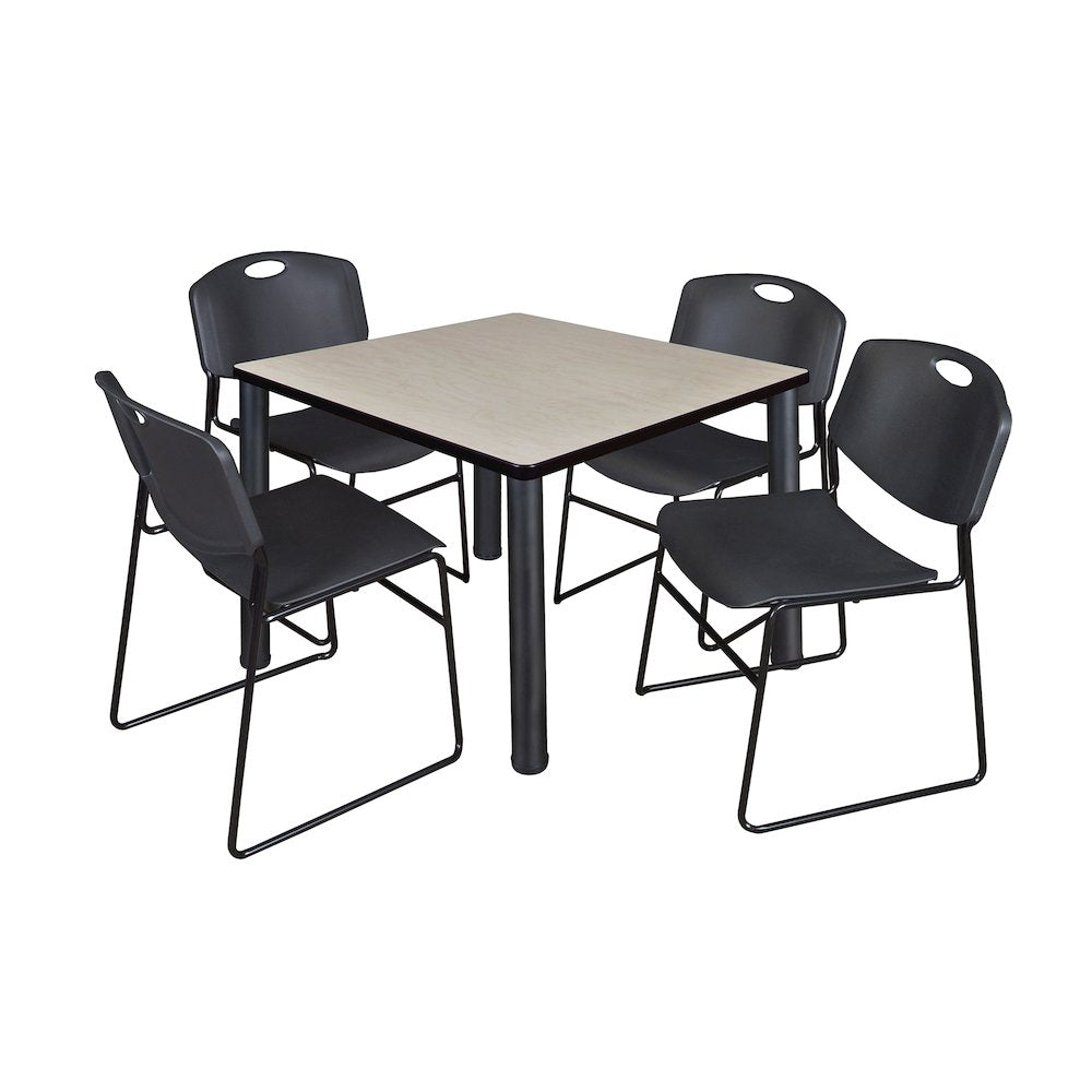 42 in Square Breakroom Table- Maple Top, Black Legs, 4 Zeng Stack Chairs- Black