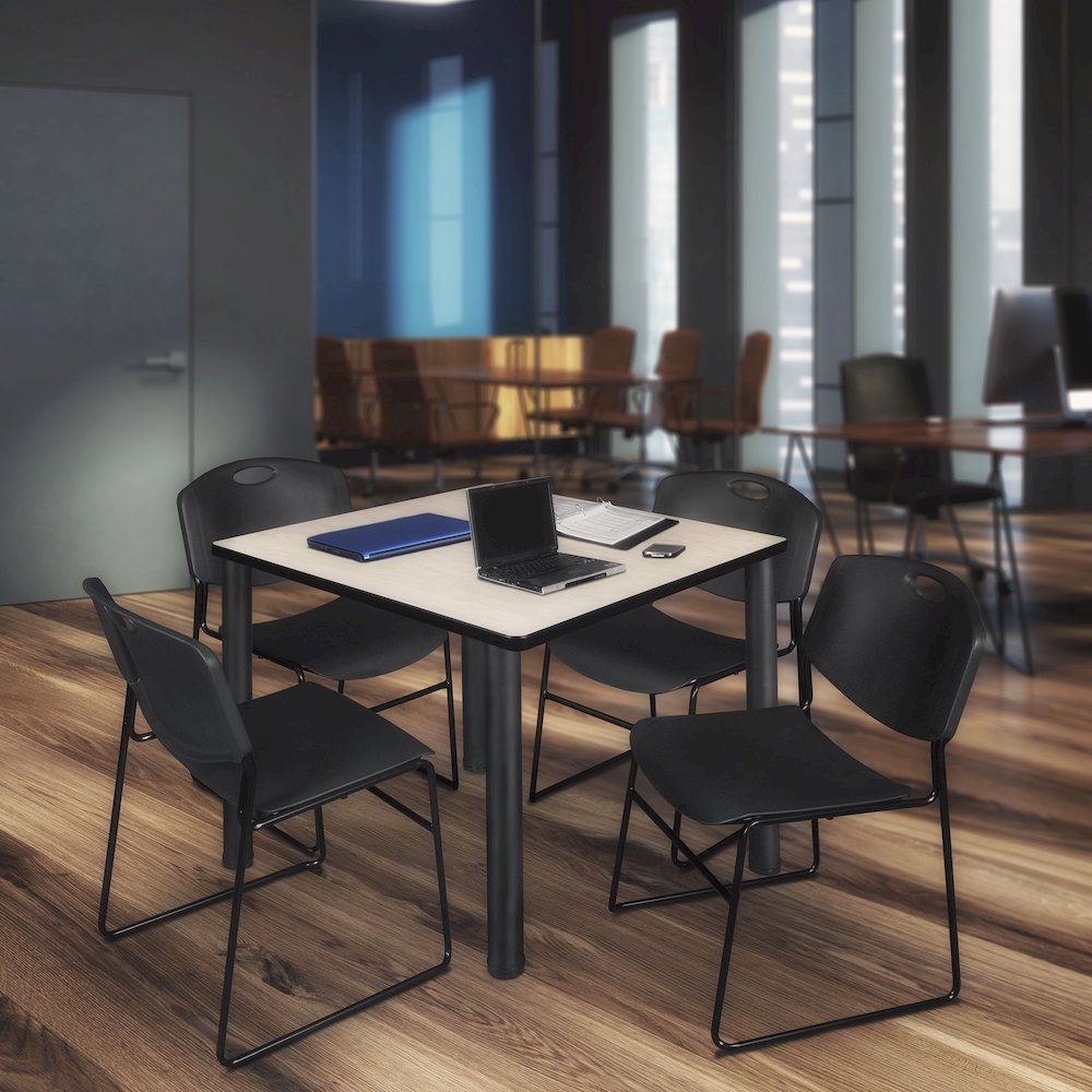 42 in Square Breakroom Table- Maple Top, Black Legs, 4 Zeng Stack Chairs- Black