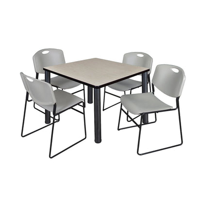 42 in Square Breakroom Table- Maple Top, Black Legs, 4 Zeng Stack Chairs- Grey