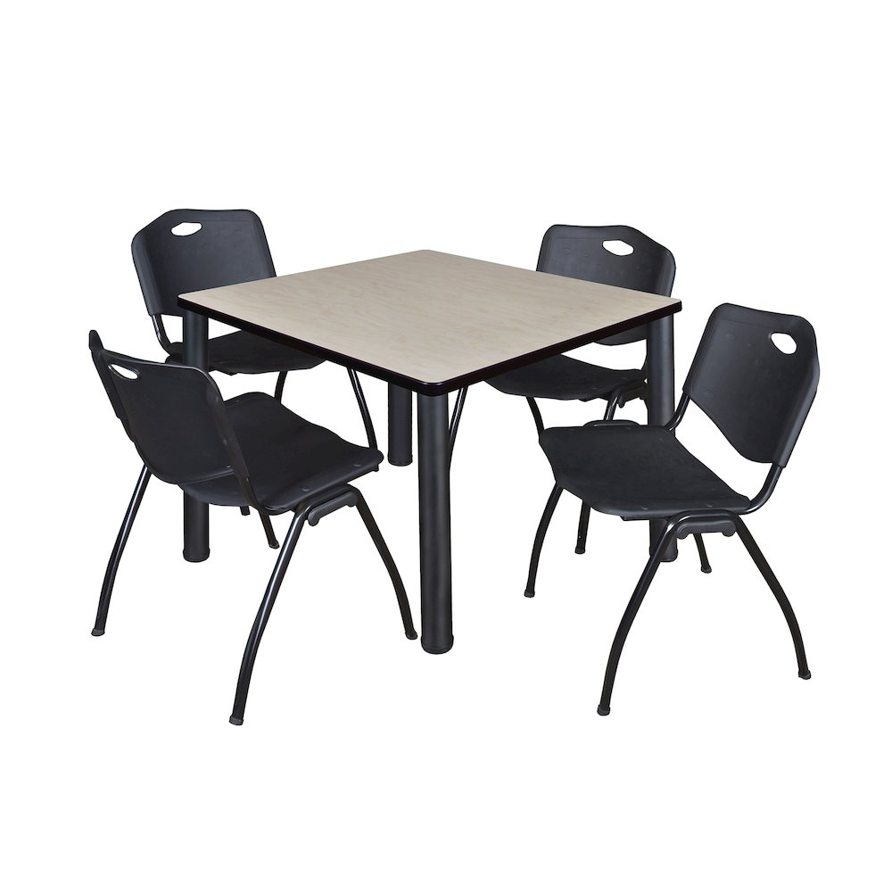 42 in Square Breakroom Table- Maple Top, Black Legs, 4 M Stack Chairs- Black