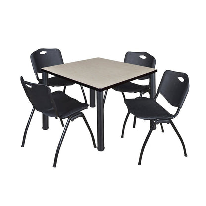 42 in Square Breakroom Table- Maple Top, Black Legs, 4 M Stack Chairs- Black