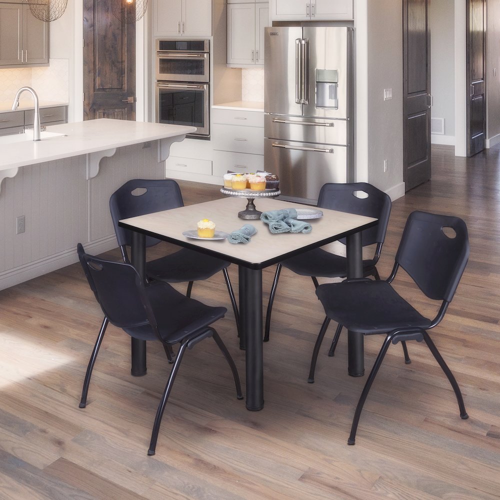 42 in Square Breakroom Table- Maple Top, Black Legs, 4 M Stack Chairs- Black